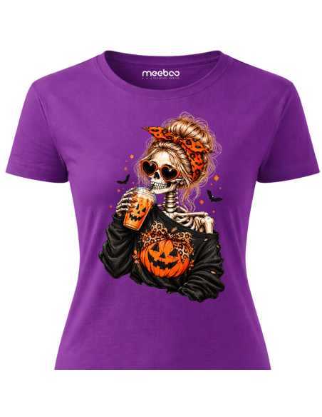 Koszulka Damska na Halloween - Szkielet Pijący Kawę