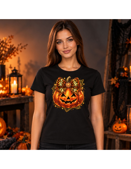 Koszulka Damska na Halloween - Dynia z Kokardą
